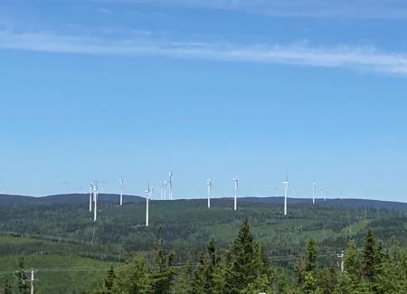 Parc d’éoliennes visible au loin